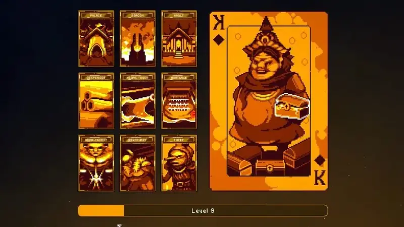 9 Kings King of Greed card screen showing a gold-focused build